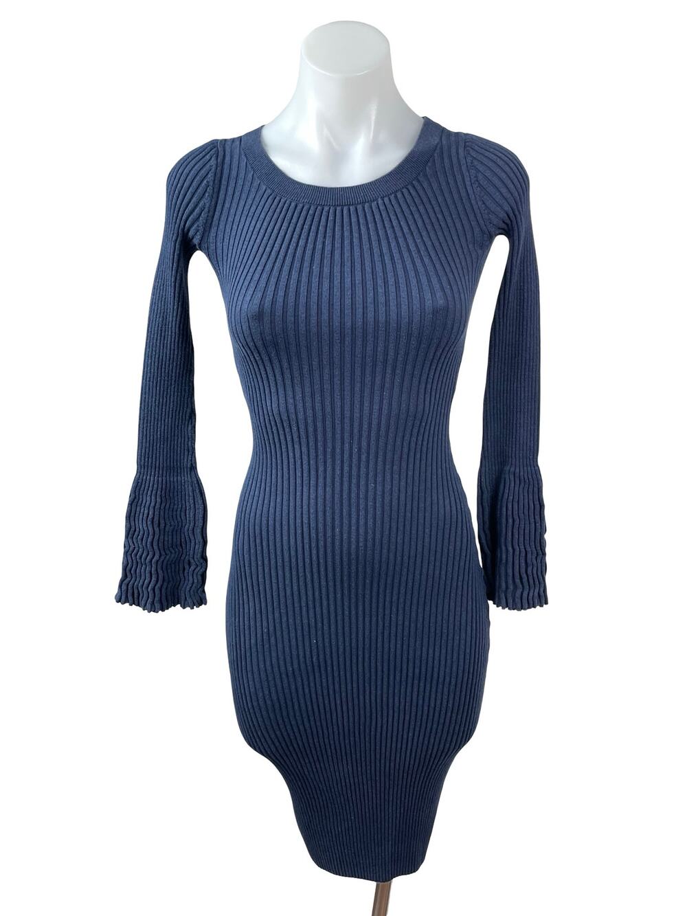 Bar III Women's Blue Ribbed Knit Long Bell Sleeve Midi Sweater Bodycon Dress XS